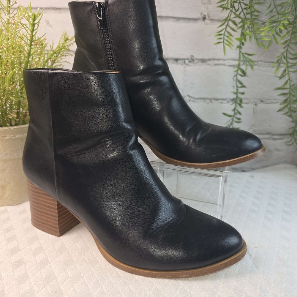 J. CREW BLACK LEATHER ANKLE BOOTIE BROWN STACKED HEEL ROUND TOE SIDE ZIP 7.5